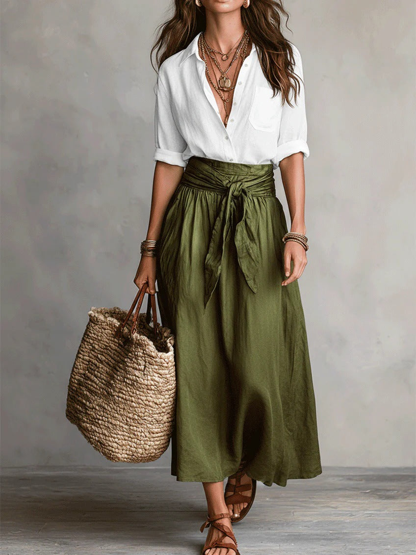 Summer Short-Sleeve Suits Fashion Casual Button-Down Shirt Top And Straight Skirt Women's Two-Piece Set