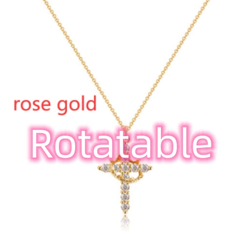 Fashion Jewelry Cross Full Diamond Crown Rotatable Necklace
