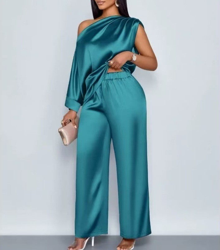 Long-sleeved Suit Off-shoulder Pullover Shirt Top And Loose Straight-leg Trousers Women's Clothing