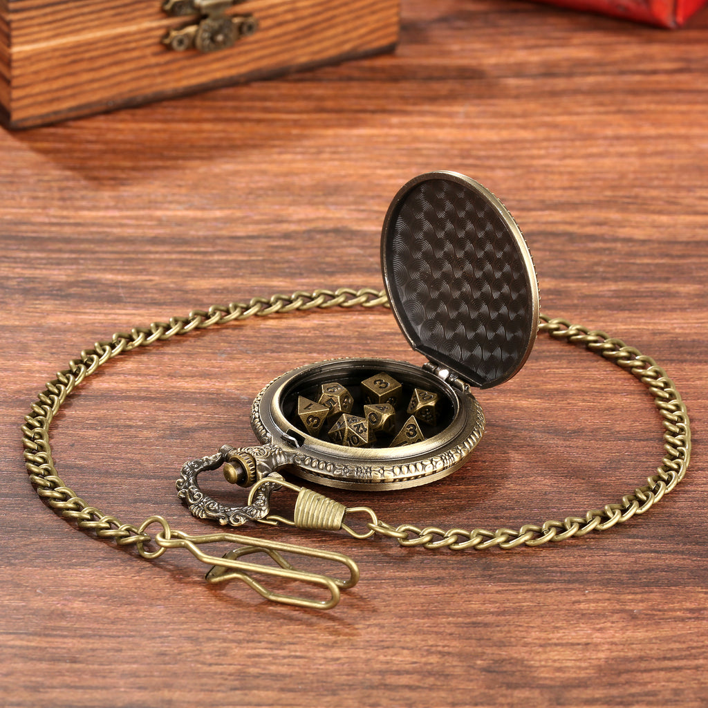 Creative Thick Chain Pocket Watch Set, Equipped With 7 Mini DND Game Polyhedral Metal Dice Tabletop Role-playing Game Dice, Enhancing RPG Gaming Exper