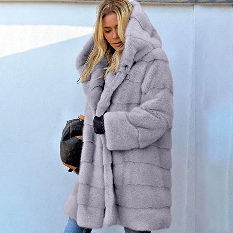 Solid Color Loose Plush Hooded Coatimitation Fur
