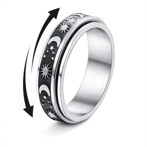 Stainless Steel Rotatable Spinner Ring Moon Stars Relieve Anxiety Rings