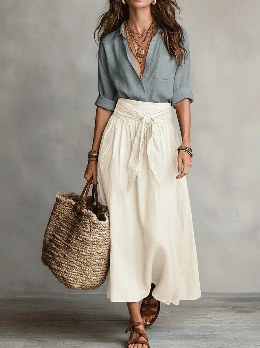 Summer Short-Sleeve Suits Fashion Casual Button-Down Shirt Top And Straight Skirt Women's Two-Piece Set