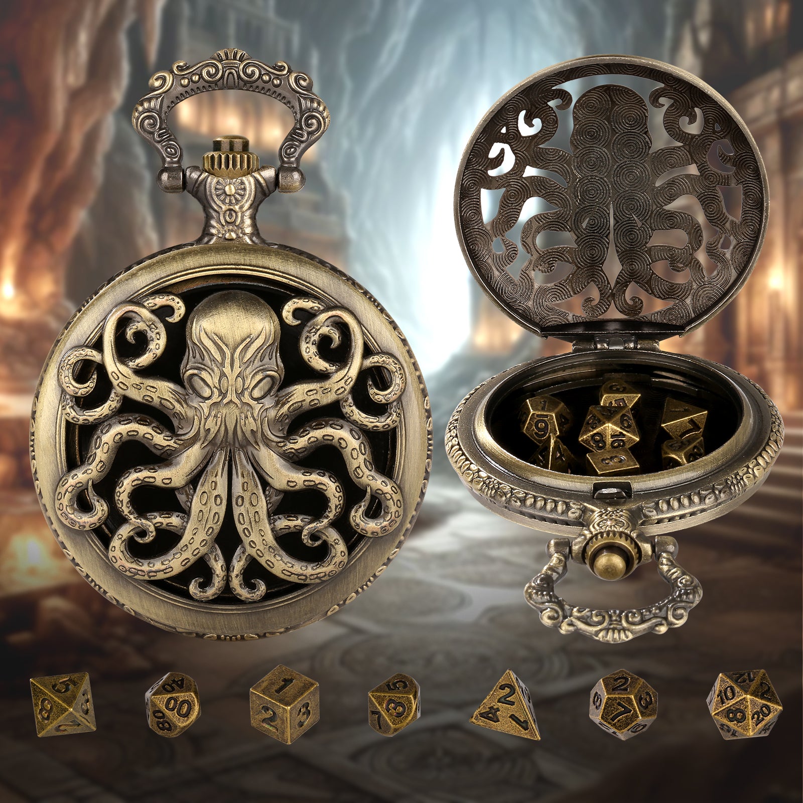 Thick Chain Octopus Symmetrical Pocket Watch Dice Set, Equipped With 7 Mini DND Dice Game Polyhedral Metal Dice, Desktop Role-playing Game Dice Access