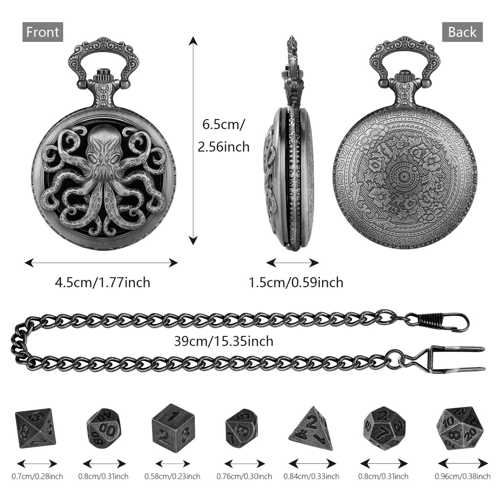Thick Chain Octopus Symmetrical Pocket Watch Dice Set, Equipped With 7 Mini DND Dice Game Polyhedral Metal Dice, Desktop Role-playing Game Dice Access
