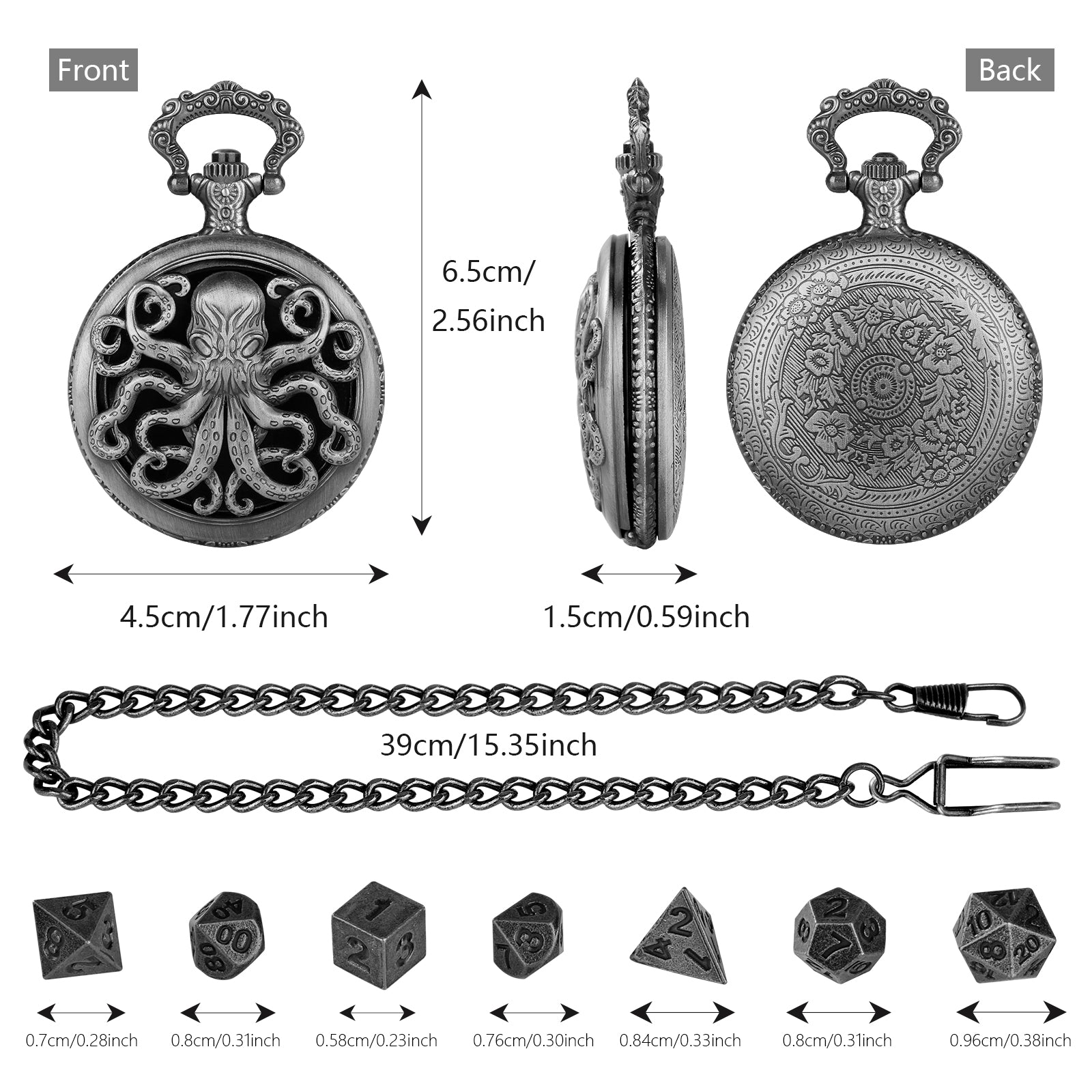 Thick Chain Octopus Symmetrical Pocket Watch Dice Set, Equipped With 7 Mini DND Dice Game Polyhedral Metal Dice, Desktop Role-playing Game Dice Access