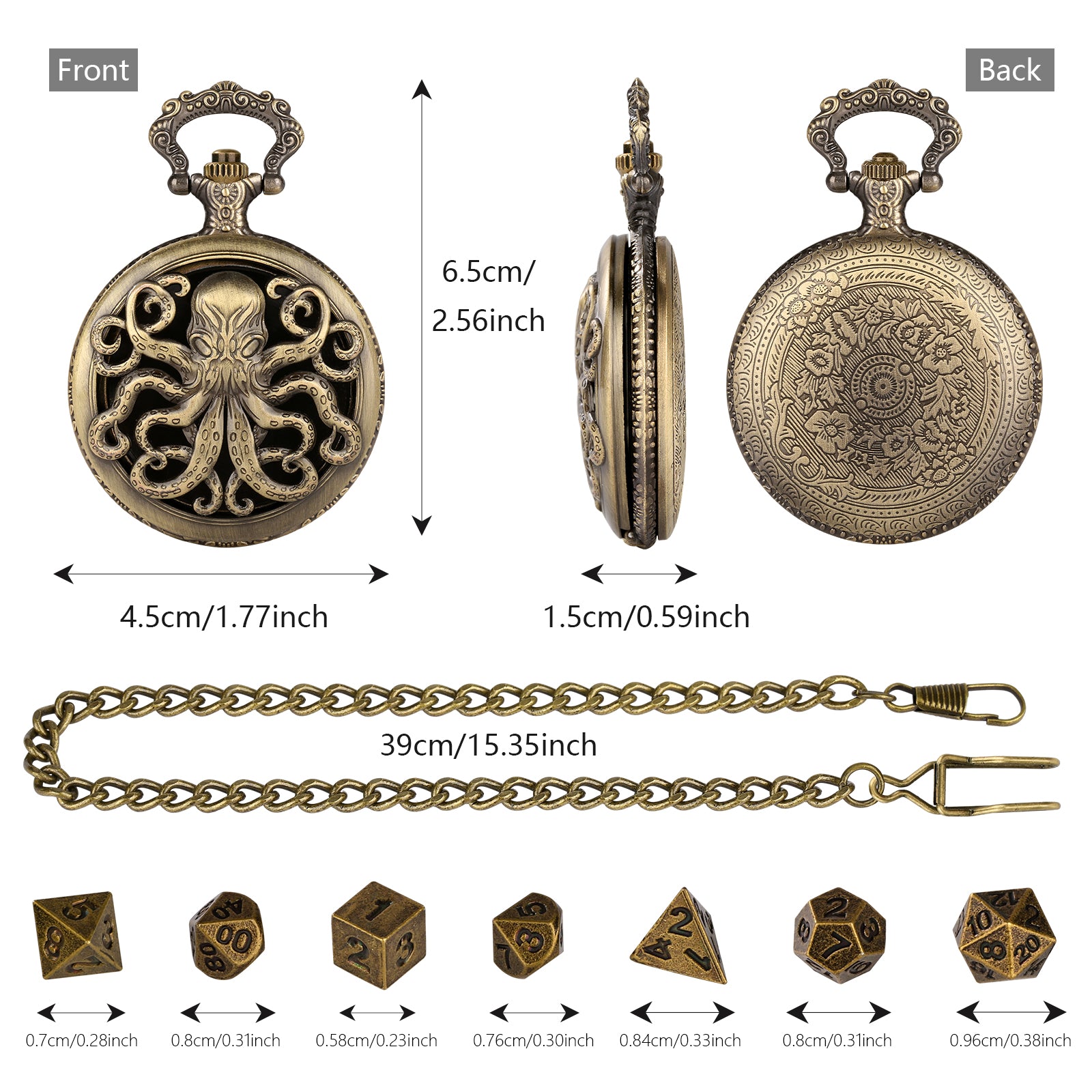 Thick Chain Octopus Symmetrical Pocket Watch Dice Set, Equipped With 7 Mini DND Dice Game Polyhedral Metal Dice, Desktop Role-playing Game Dice Access