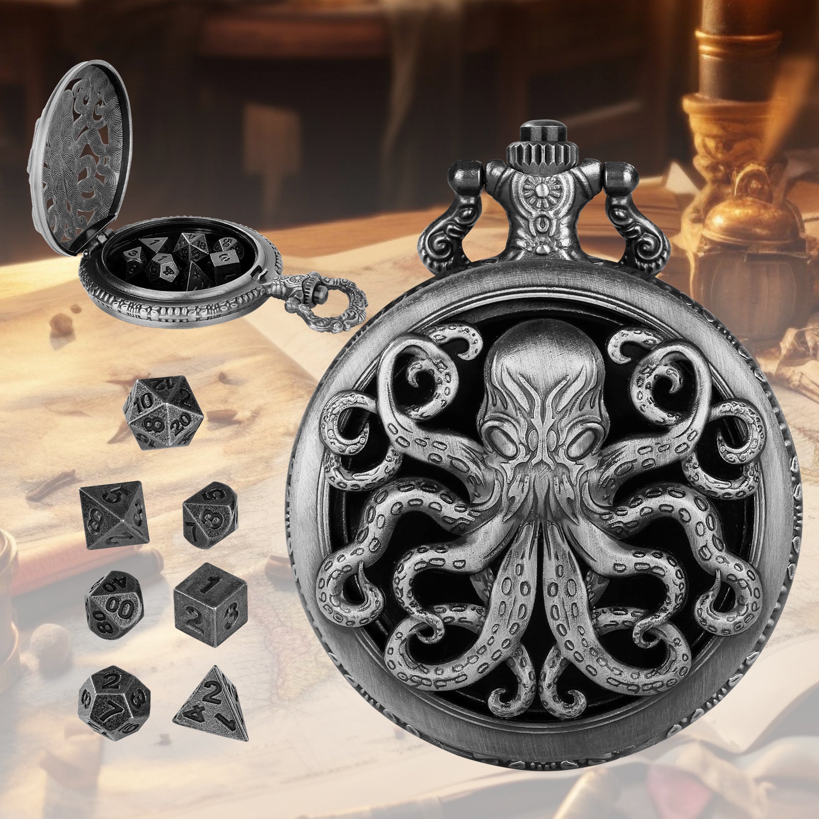 Thick Chain Octopus Symmetrical Pocket Watch Dice Set, Equipped With 7 Mini DND Dice Game Polyhedral Metal Dice, Desktop Role-playing Game Dice Access
