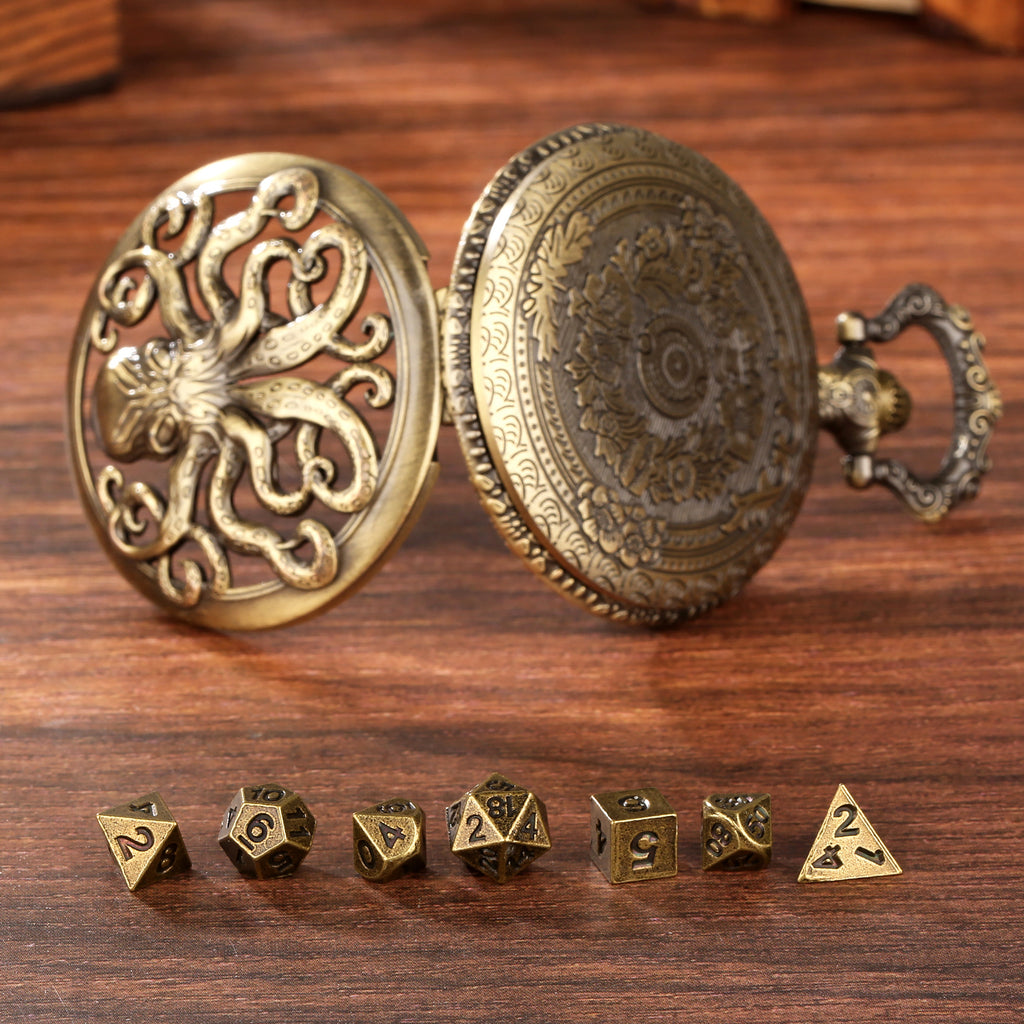 Thick Chain Octopus Symmetrical Pocket Watch Dice Set, Equipped With 7 Mini DND Dice Game Polyhedral Metal Dice, Desktop Role-playing Game Dice Access