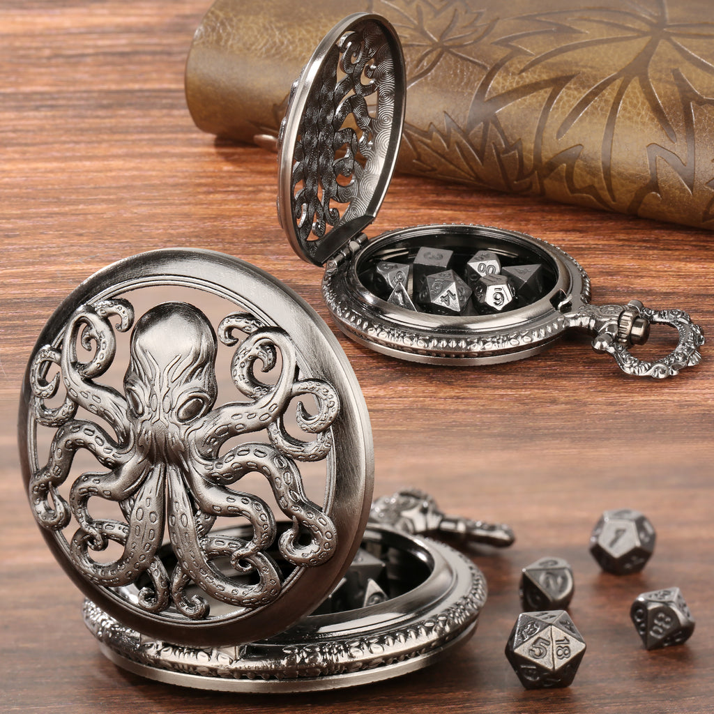 Thick Chain Octopus Symmetrical Pocket Watch Dice Set, Equipped With 7 Mini DND Dice Game Polyhedral Metal Dice, Desktop Role-playing Game Dice Access