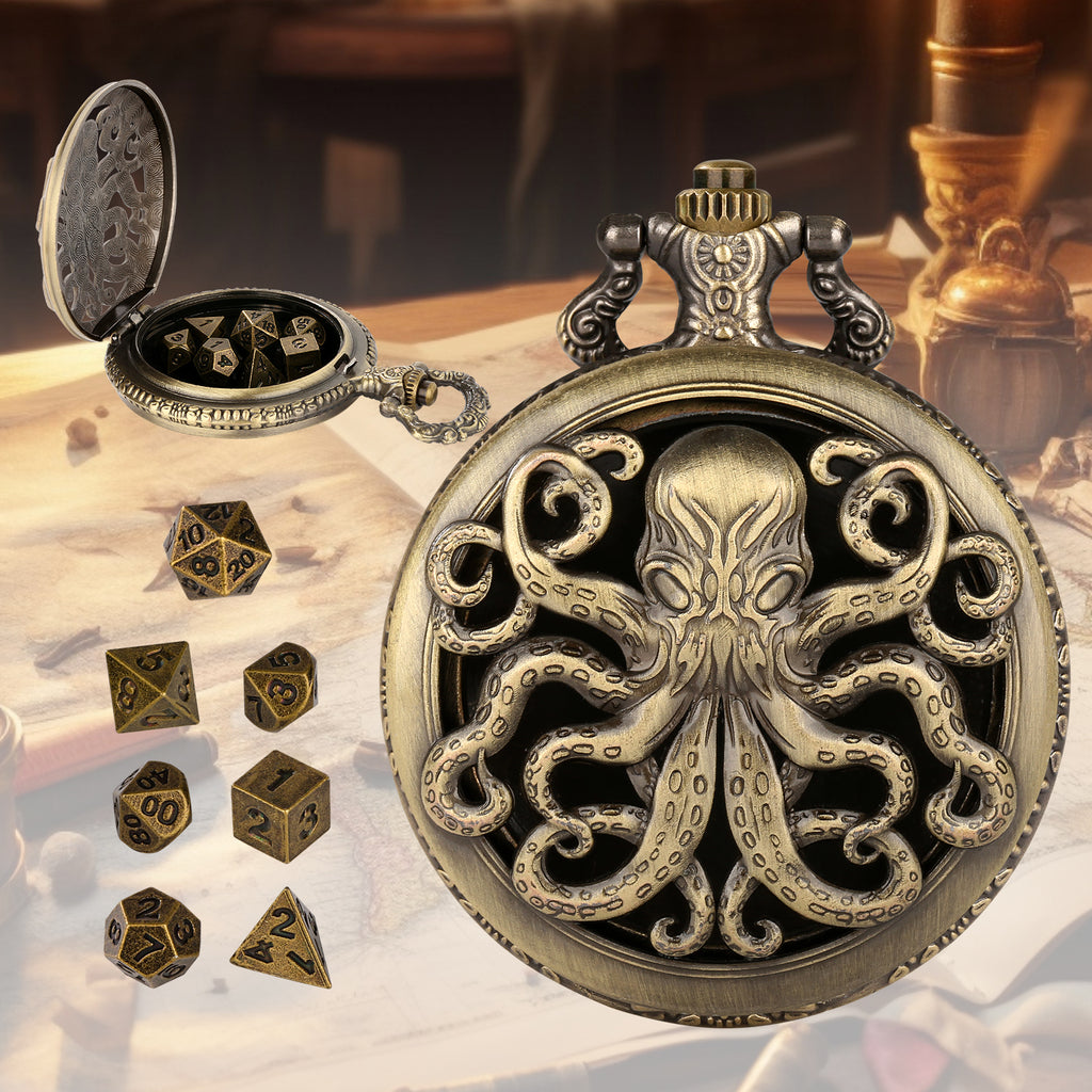 Thick Chain Octopus Symmetrical Pocket Watch Dice Set, Equipped With 7 Mini DND Dice Game Polyhedral Metal Dice, Desktop Role-playing Game Dice Access