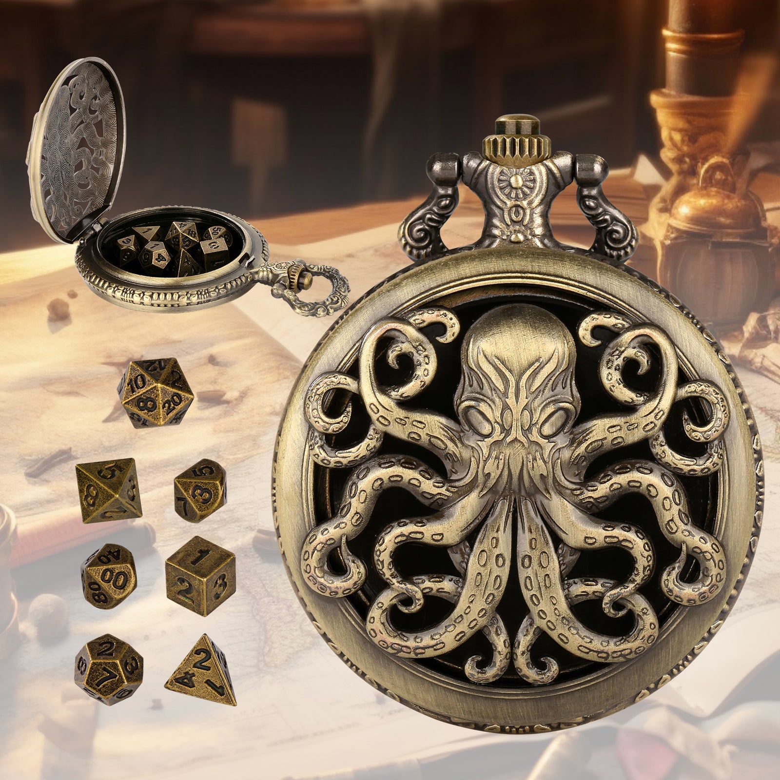 Thick Chain Octopus Symmetrical Pocket Watch Dice Set, Equipped With 7 Mini DND Dice Game Polyhedral Metal Dice, Desktop Role-playing Game Dice Access