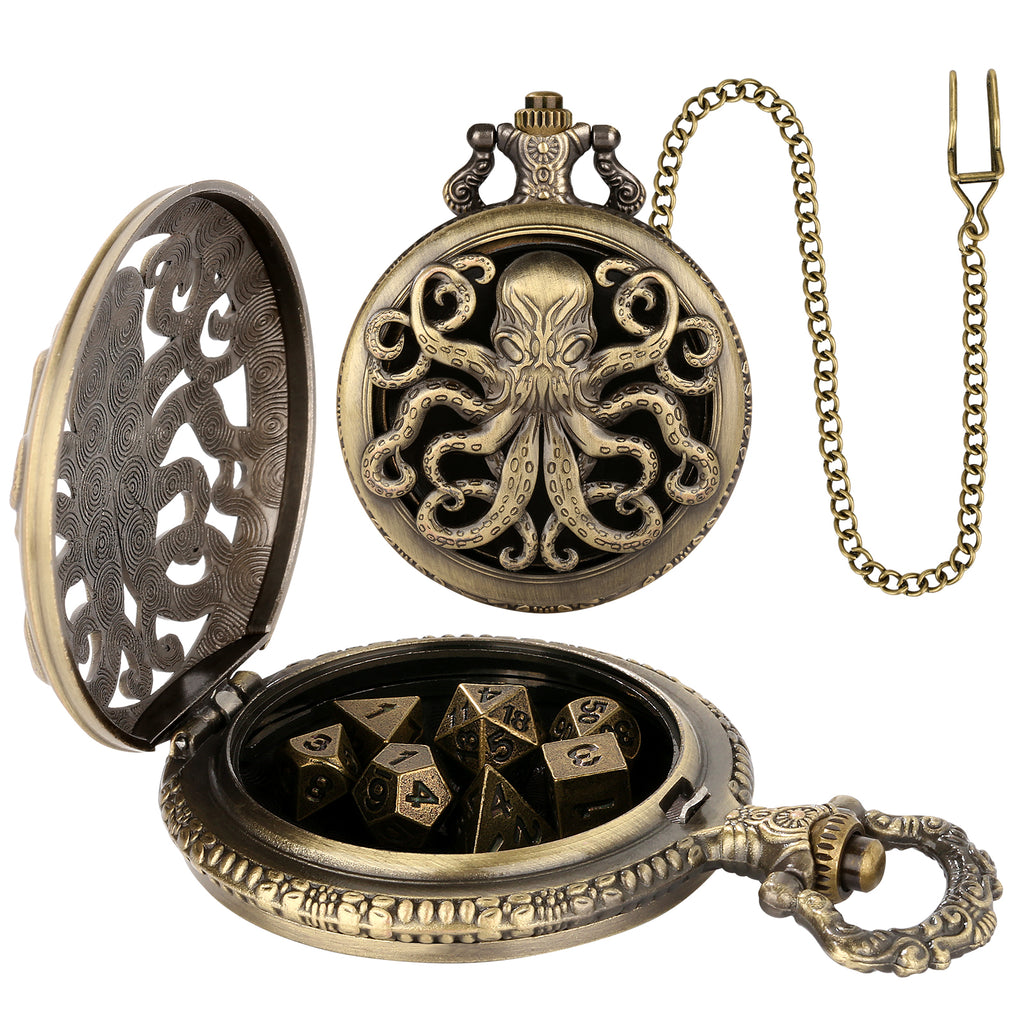 Thick Chain Octopus Symmetrical Pocket Watch Dice Set, Equipped With 7 Mini DND Dice Game Polyhedral Metal Dice, Desktop Role-playing Game Dice Access