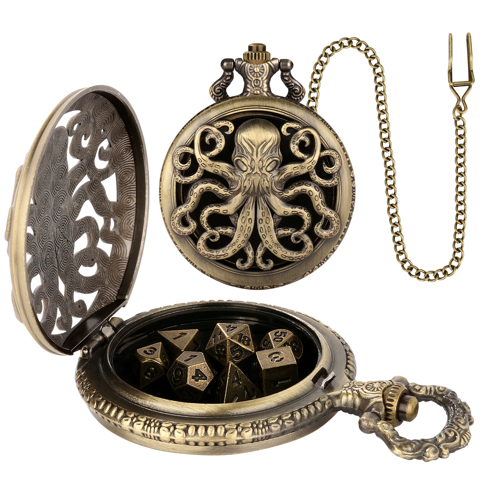 Thick Chain Octopus Symmetrical Pocket Watch Dice Set, Equipped With 7 Mini DND Dice Game Polyhedral Metal Dice, Desktop Role-playing Game Dice Access