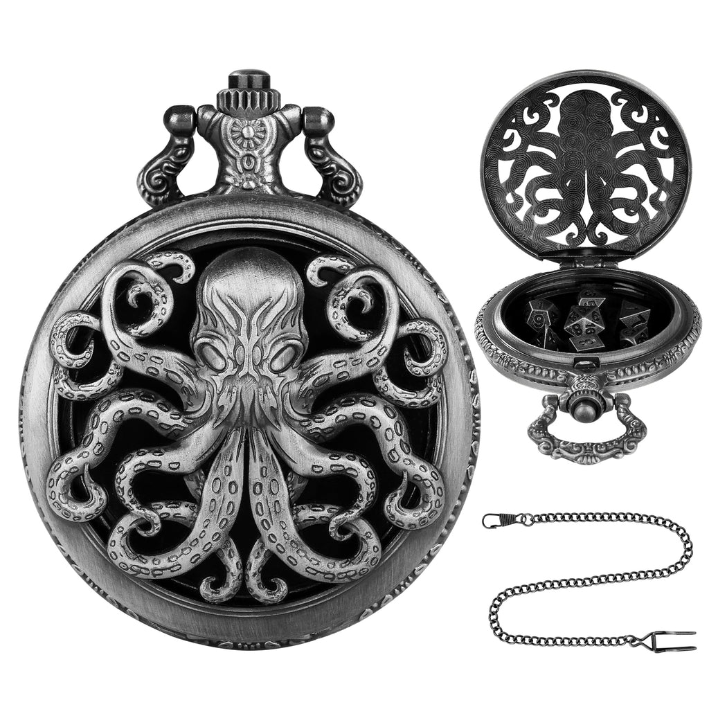 Thick Chain Octopus Symmetrical Pocket Watch Dice Set, Equipped With 7 Mini DND Dice Game Polyhedral Metal Dice, Desktop Role-playing Game Dice Access