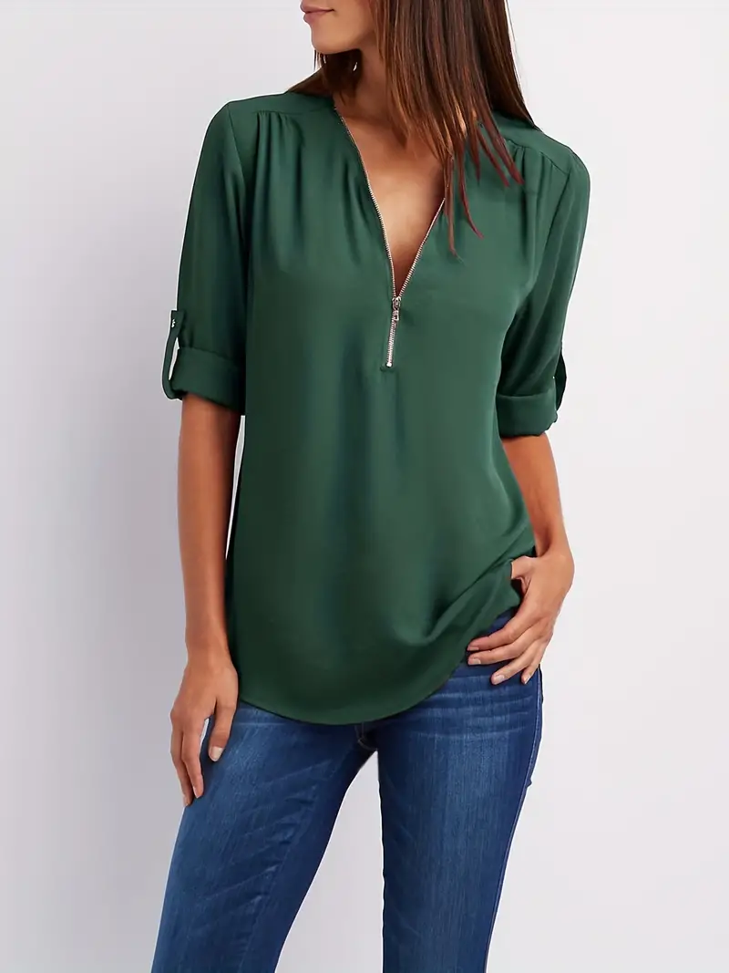 Ruched Half-Zip Casual Blouse
