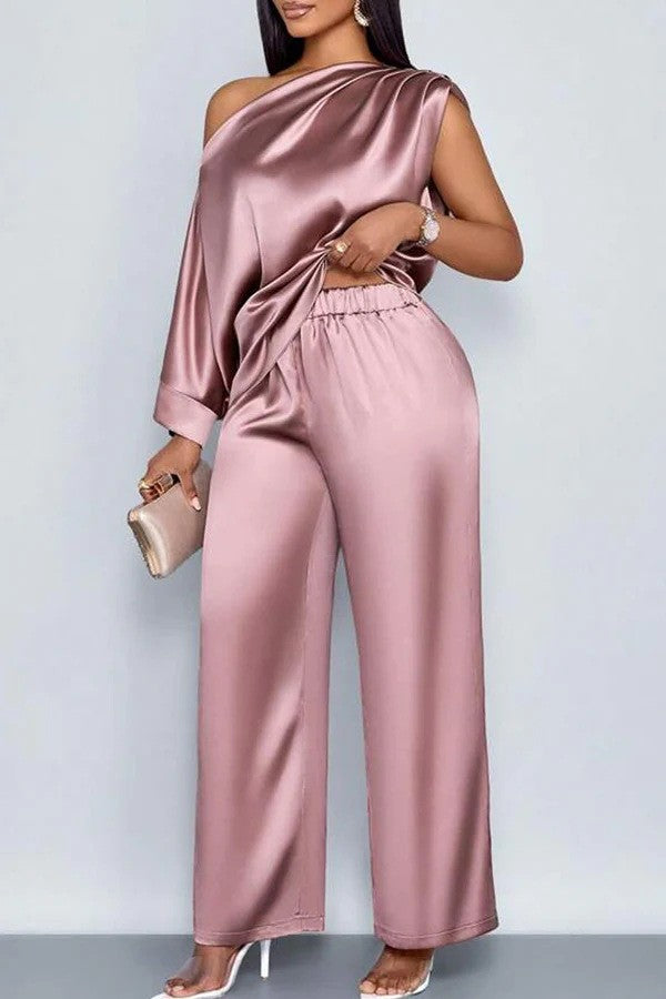 Long-sleeved Suit Off-shoulder Pullover Shirt Top And Loose Straight-leg Trousers Women's Clothing