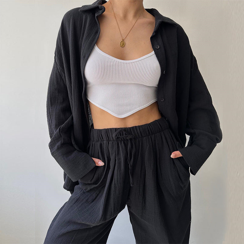 Women's Fashion Casual Simple Lapel Long Sleeve Shirt Trousers Casual Suit