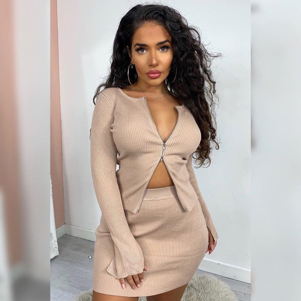 European And American Ins Double Zipper Sunken Stripe Long Sleeve Top Skirt Two-piece Set