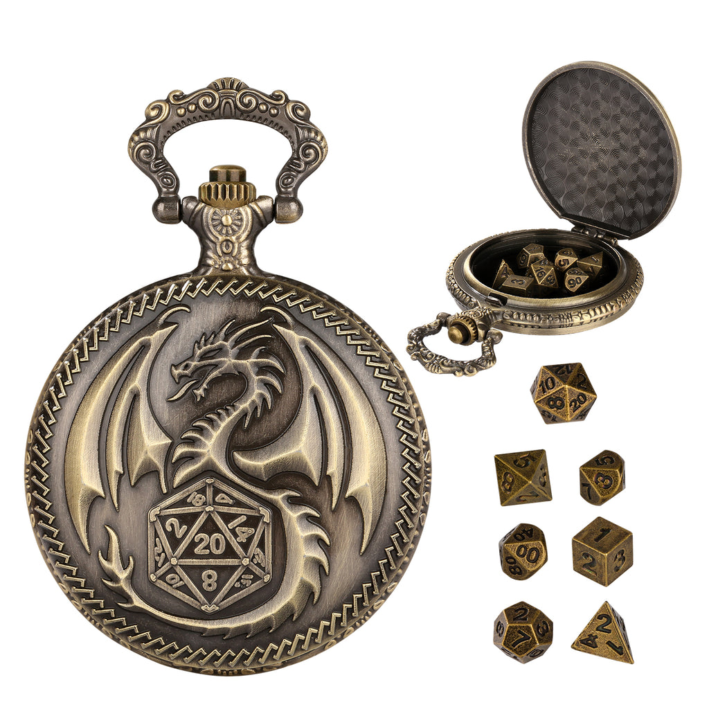 Creative Thick Chain Pocket Watch Set, Equipped With 7 Mini DND Game Polyhedral Metal Dice Tabletop Role-playing Game Dice, Enhancing RPG Gaming Exper