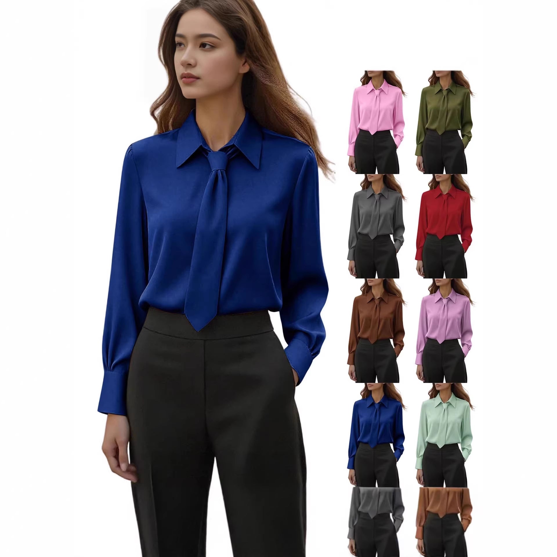 Womens Solid-Color Casual Tie Long-Sleeve French-Collar Shirt