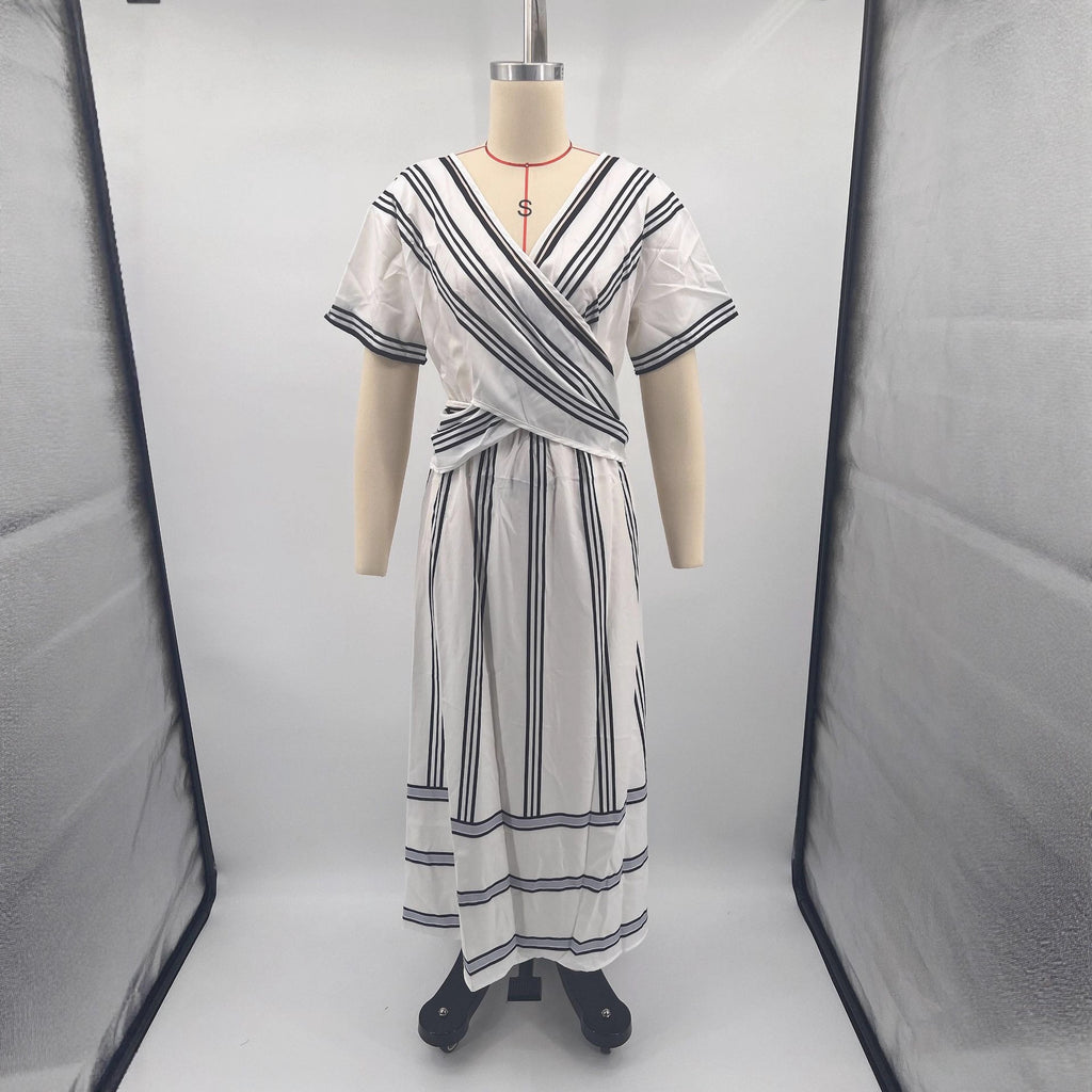 Casual Loose Retro Striped Print Holiday Dress Summer Short Sleeve V Neck Robes Dress Boho Beach Pleated A-Line Long Dress Woman