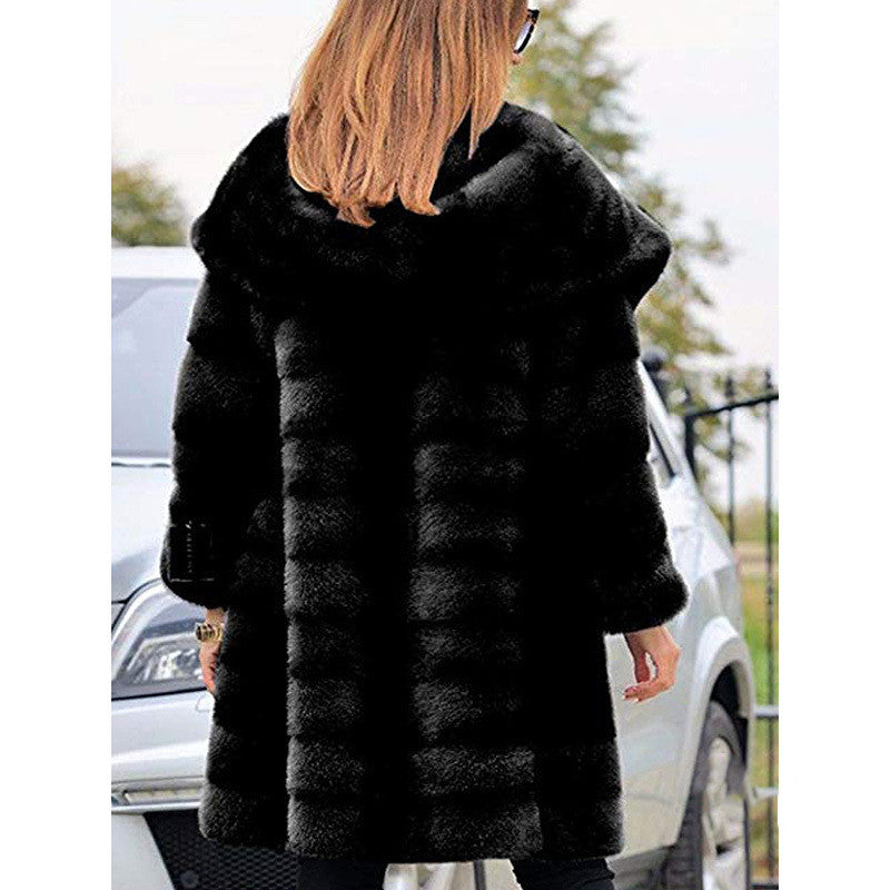 Solid Color Loose Plush Hooded Coatimitation Fur