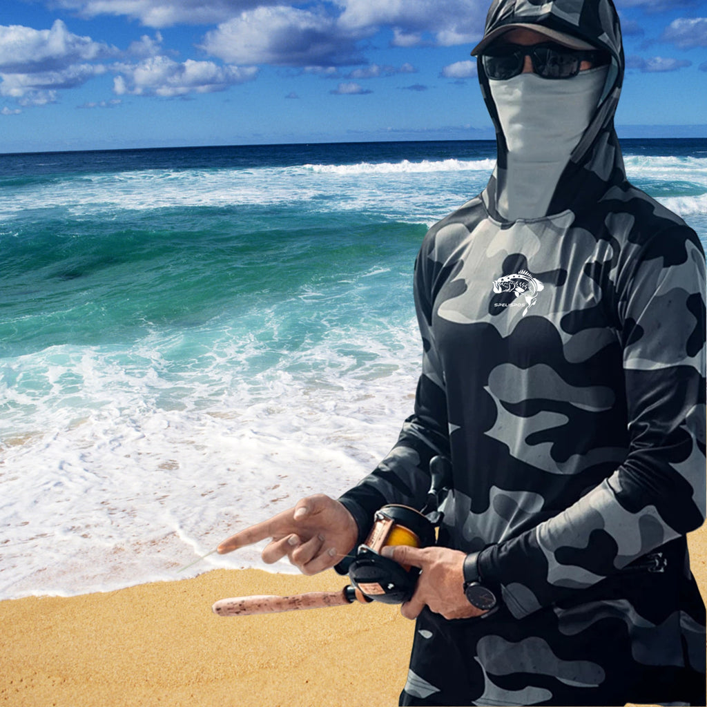 Fishing Hoodie Face Mask Neck Cover Sailing Shirt Summer Men Long Sleeve Sun Protection Hunting Jersey Camisa De Pesca Performance Fish Gear Beach Top
