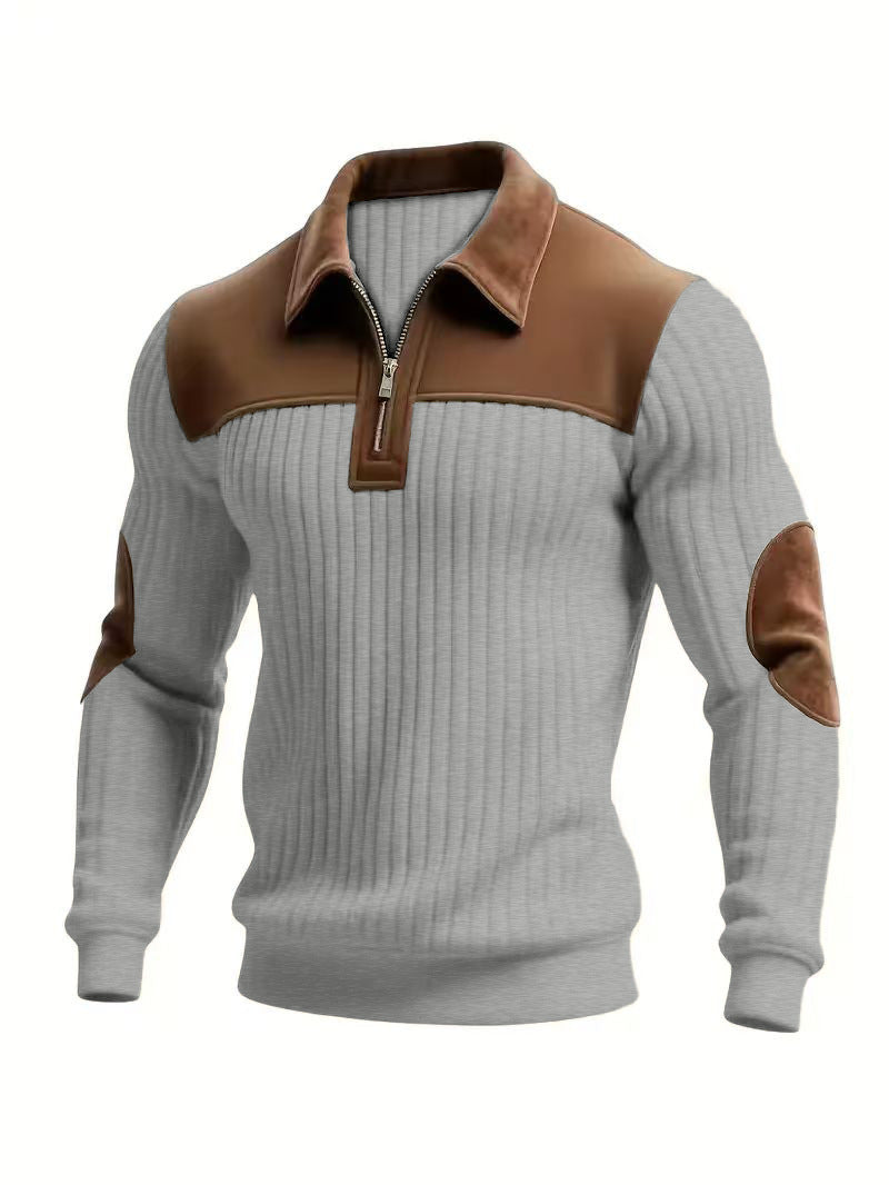 Notched-collar Patchwork Knit Top With Embroidered Zipper Hoodie