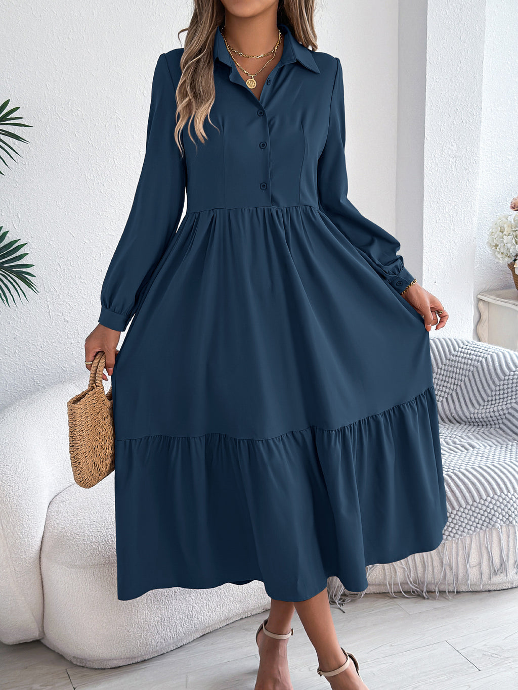 Women's Lapel Casual Loose Long Sleeve Ruffled Shirt Dresses Long Sleeved Turn-down Collar Single-Breasted Dress Spring Autumn Fashion Women's Clothin
