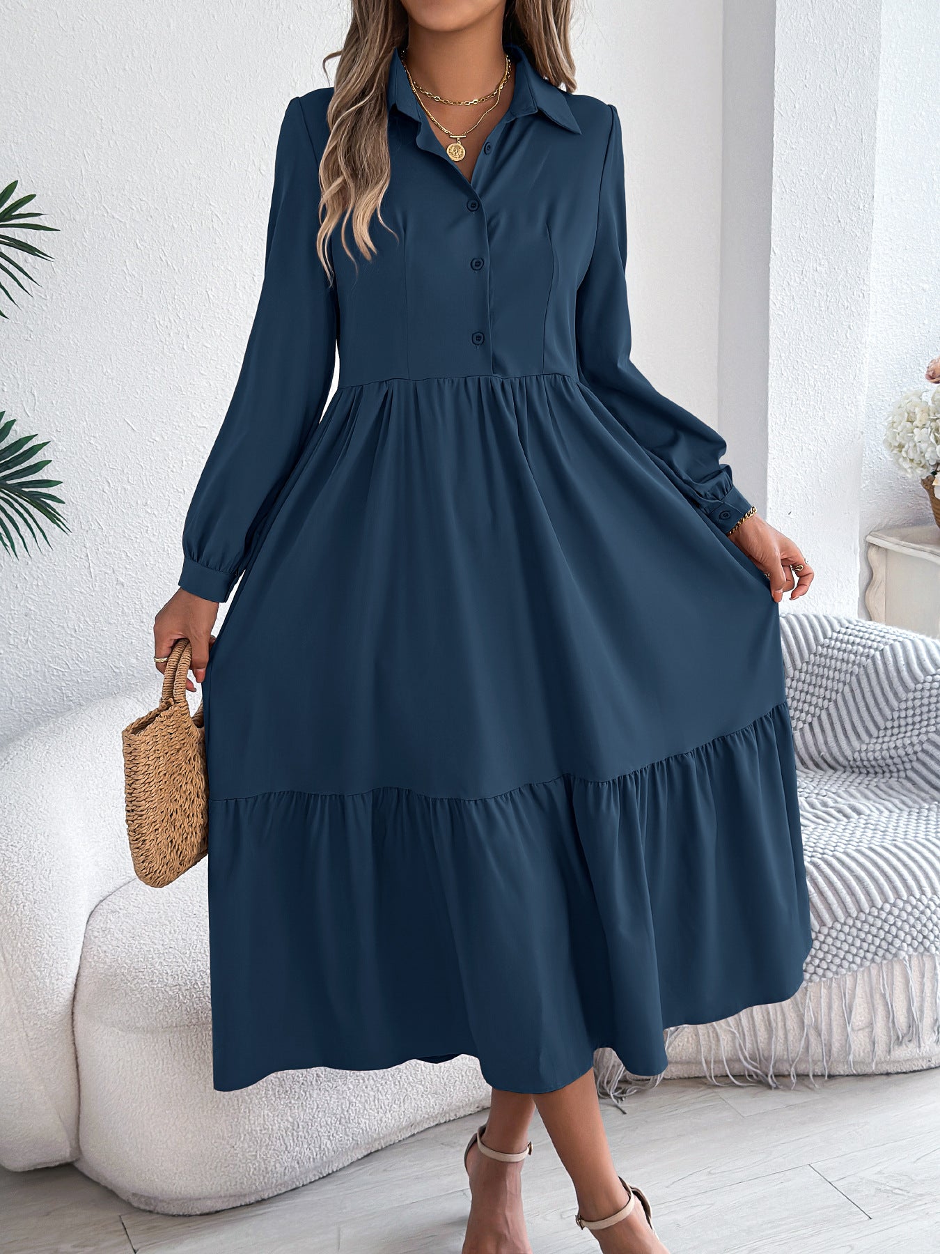 Women's Lapel Casual Loose Long Sleeve Ruffled Shirt Dresses Long Sleeved Turn-down Collar Single-Breasted Dress Spring Autumn Fashion Women's Clothin