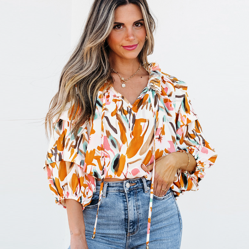Colorblock V-Neck Chiffon Blouse