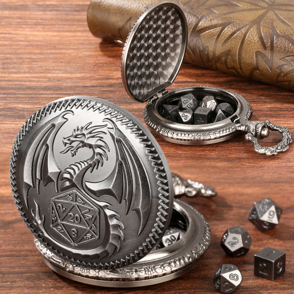 Creative Thick Chain Pocket Watch Set, Equipped With 7 Mini DND Game Polyhedral Metal Dice Tabletop Role-playing Game Dice, Enhancing RPG Gaming Exper
