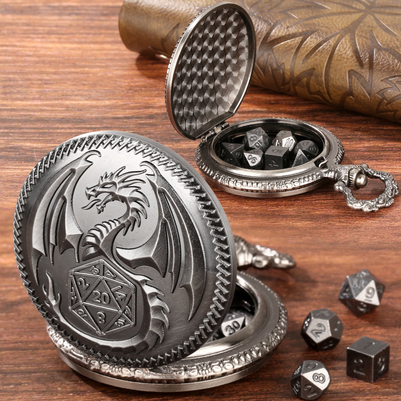 Creative Thick Chain Pocket Watch Set, Equipped With 7 Mini DND Game Polyhedral Metal Dice Tabletop Role-playing Game Dice, Enhancing RPG Gaming Exper