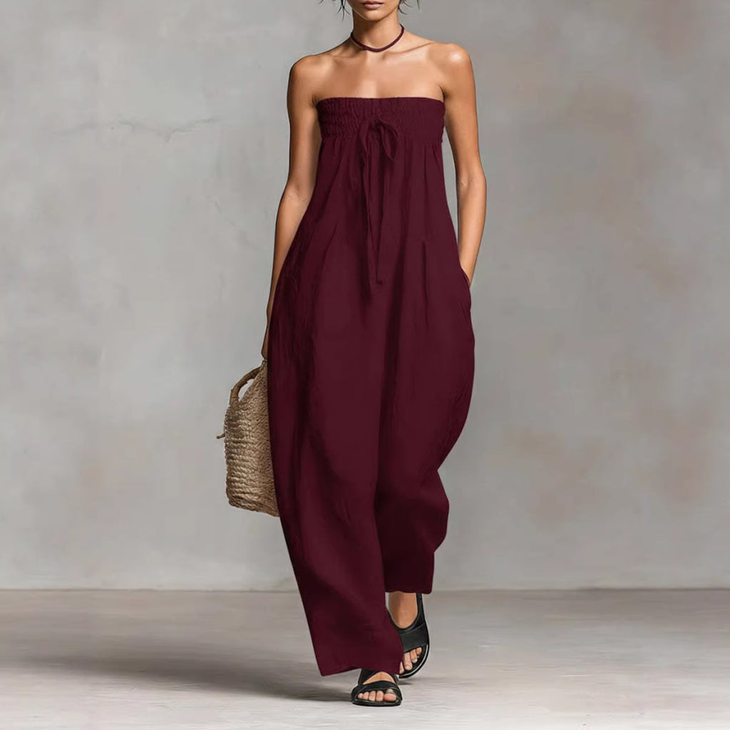 Women's Strapless Ruched Jumpsuit Summer Fashion Tie-up Loose Straight-leg Jumpsuit