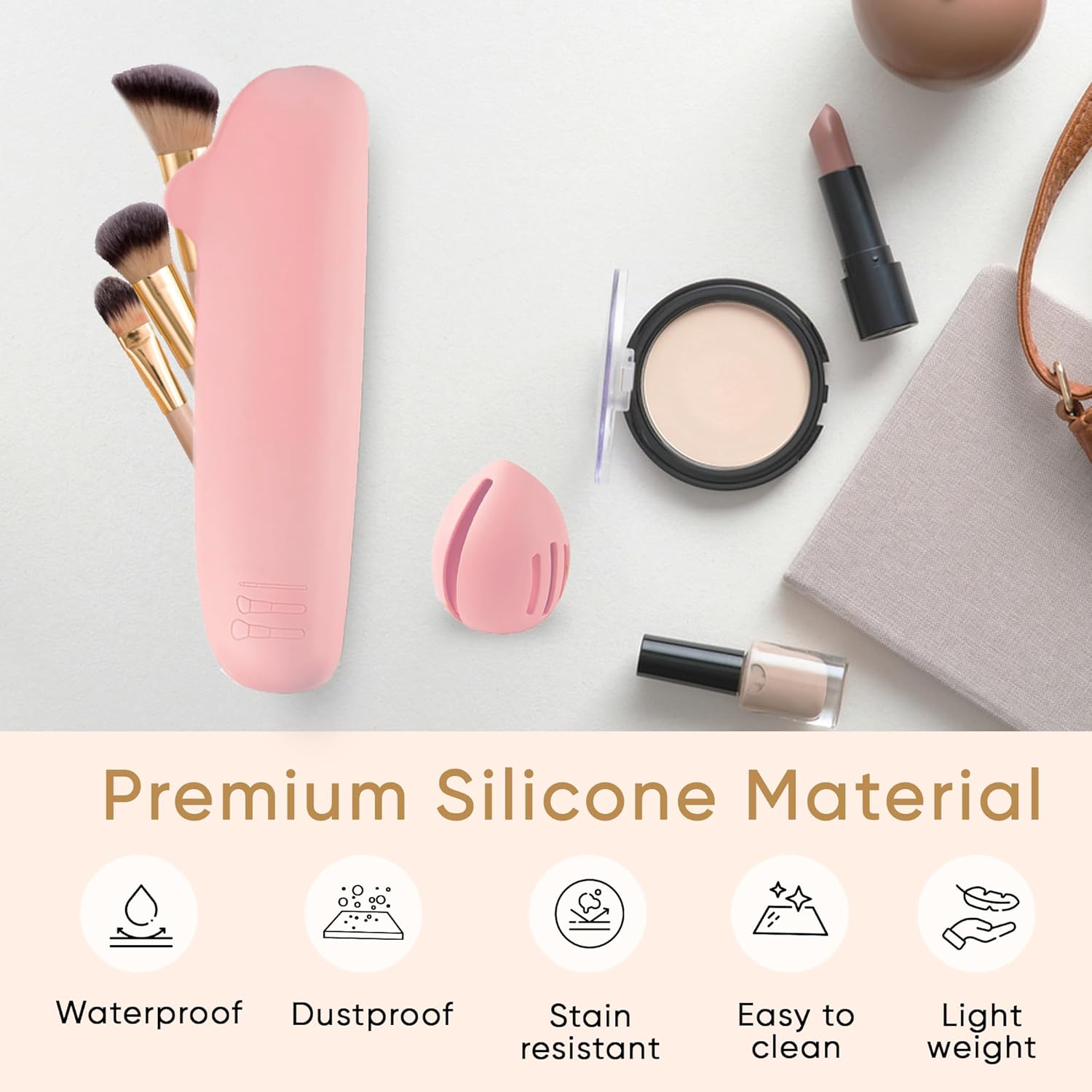 Travel Makeup Brush Holder, Beauty Blender Holder ,Silicone Make Up Brush Organizer Case With Makeup Sponge Holde,Soft & Sleek Cosmetic Pouch For Make