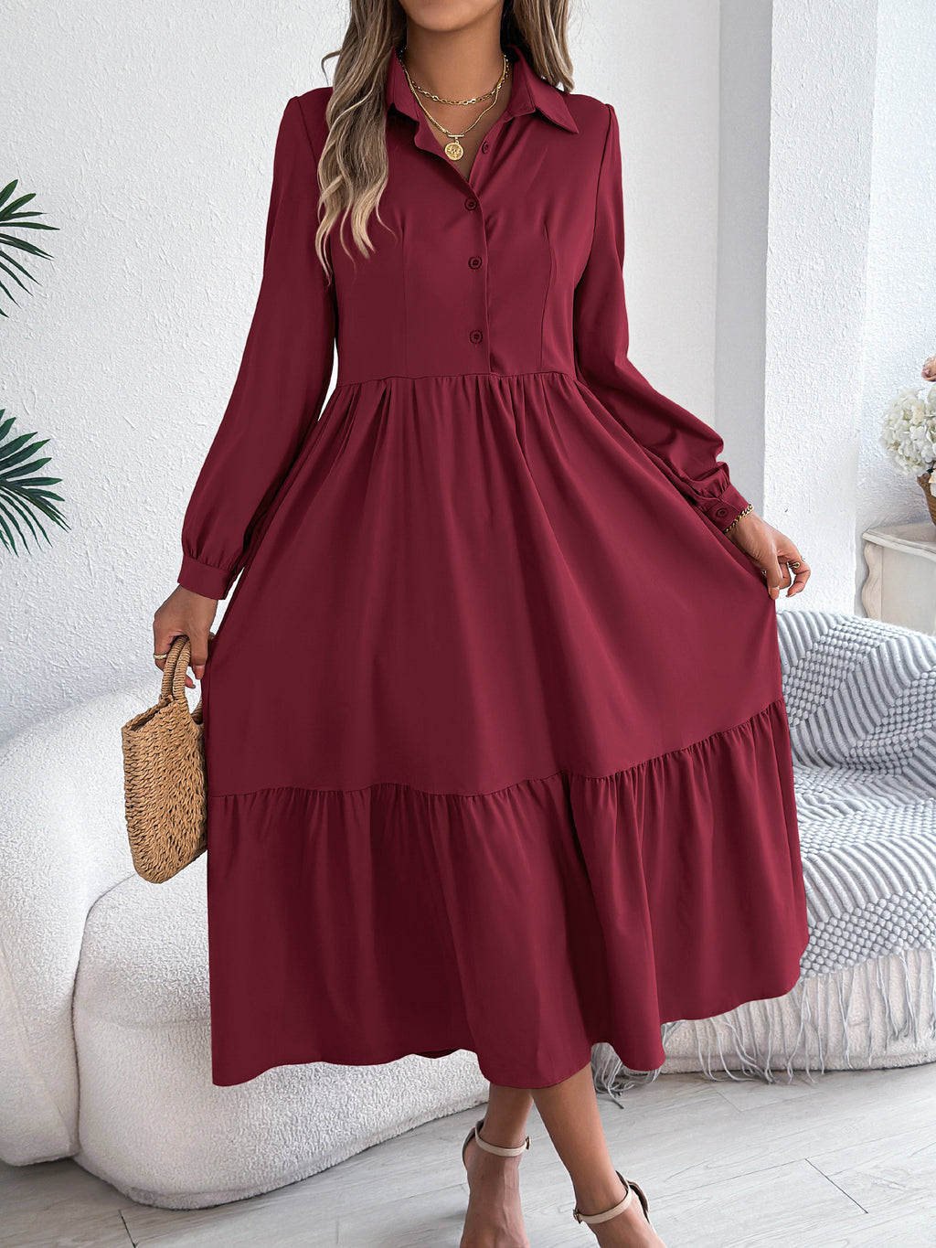 Women's Lapel Casual Loose Long Sleeve Ruffled Shirt Dresses Long Sleeved Turn-down Collar Single-Breasted Dress Spring Autumn Fashion Women's Clothin