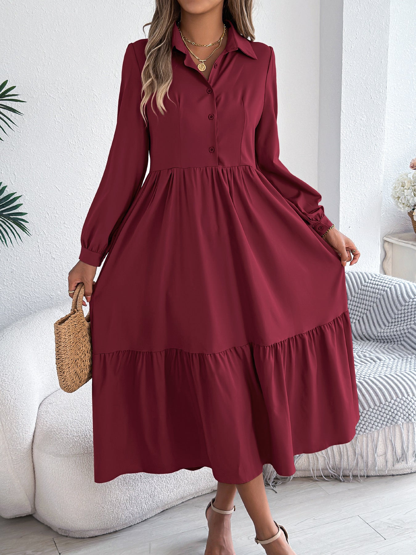 Women's Lapel Casual Loose Long Sleeve Ruffled Shirt Dresses Long Sleeved Turn-down Collar Single-Breasted Dress Spring Autumn Fashion Women's Clothin