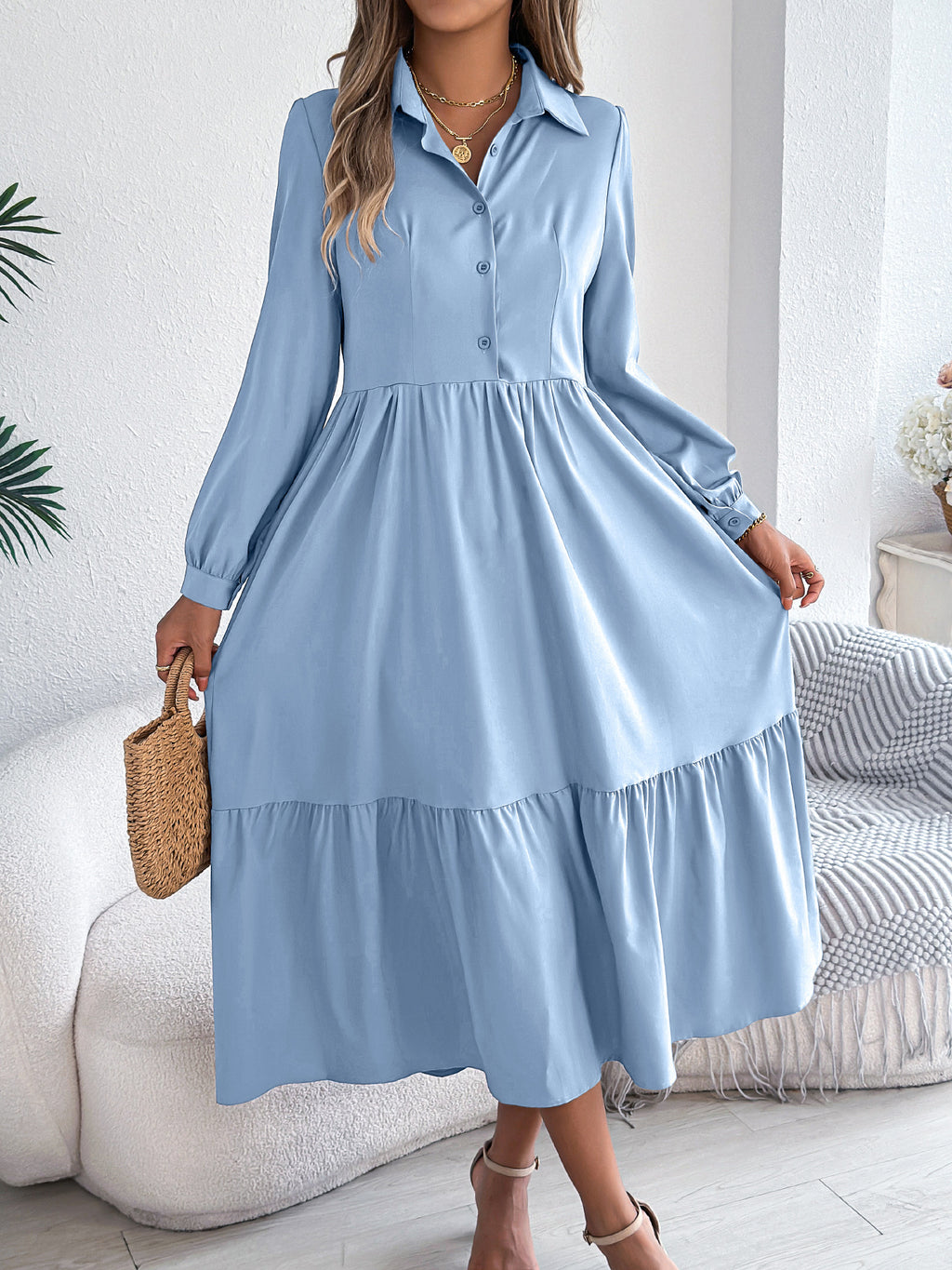Women's Lapel Casual Loose Long Sleeve Ruffled Shirt Dresses Long Sleeved Turn-down Collar Single-Breasted Dress Spring Autumn Fashion Women's Clothin