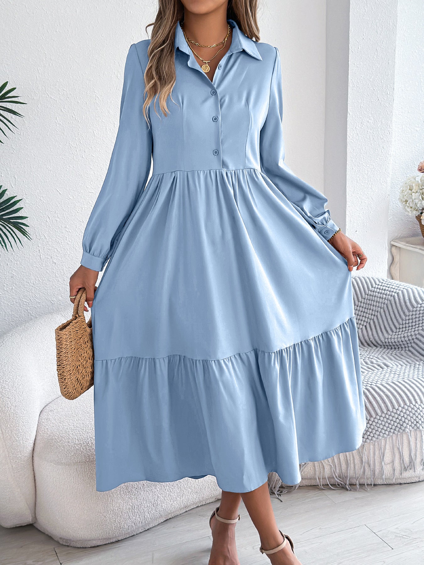 Women's Lapel Casual Loose Long Sleeve Ruffled Shirt Dresses Long Sleeved Turn-down Collar Single-Breasted Dress Spring Autumn Fashion Women's Clothin
