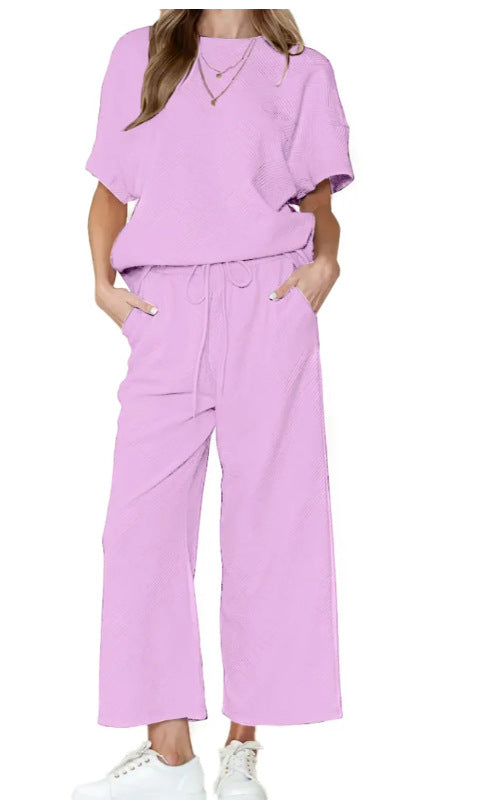 Solid Color Texture Casual Fashion Women's Wear Short-sleeved Trousers Two-piece Set