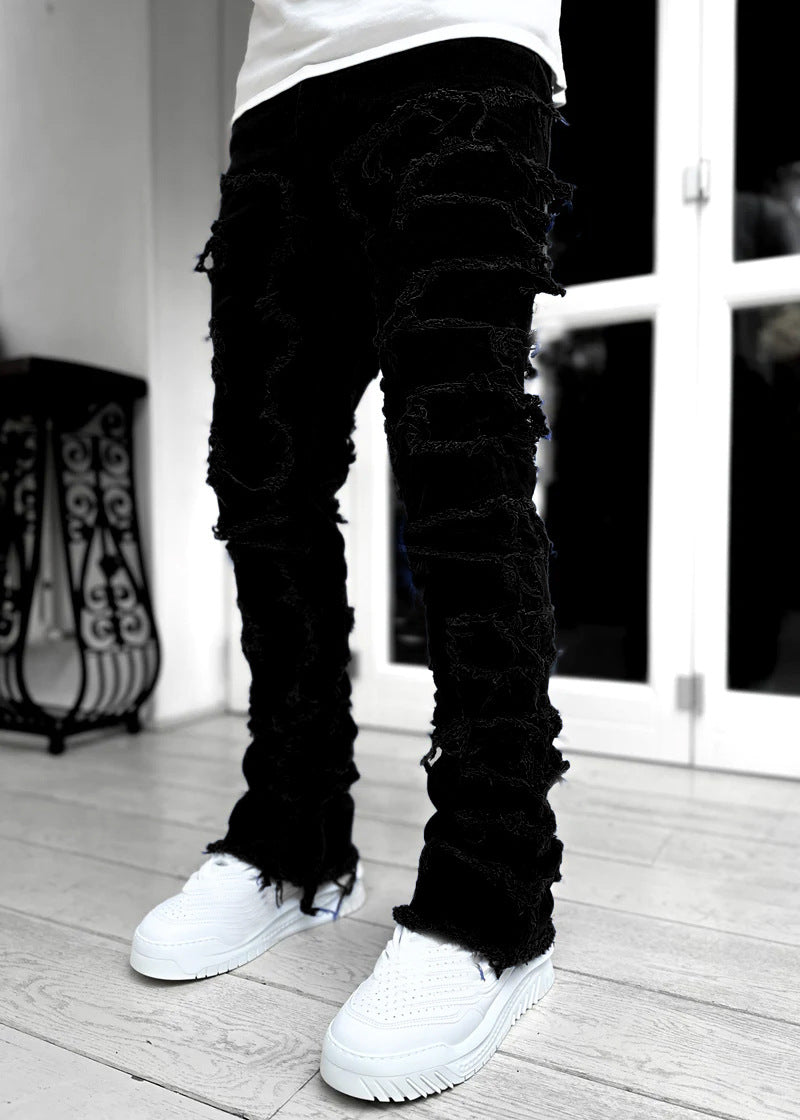 Ins Fringes Ripped Trousers Individual Patched Pants Long Tight Fit Stacked Jeans For Mens Clothing