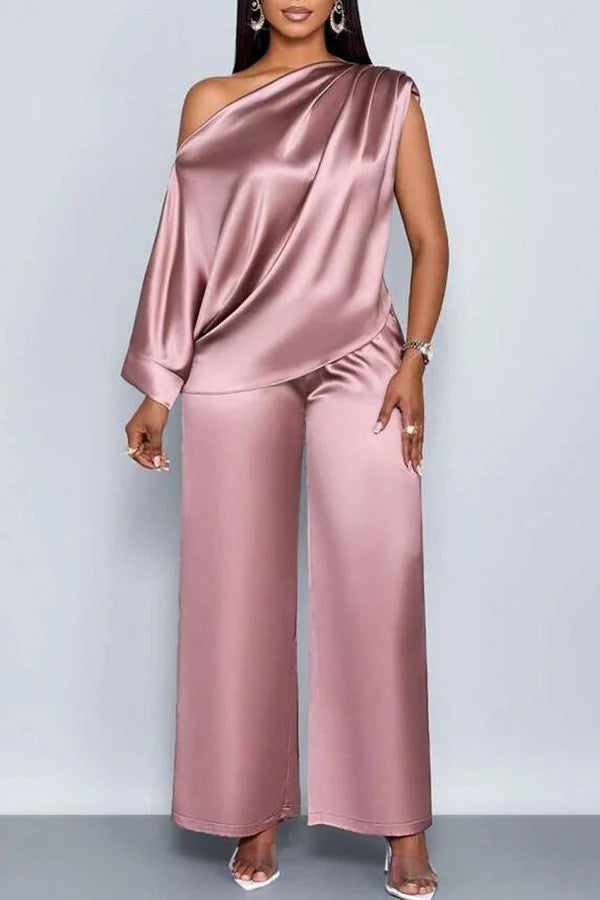 Long-sleeved Suit Off-shoulder Pullover Shirt Top And Loose Straight-leg Trousers Women's Clothing