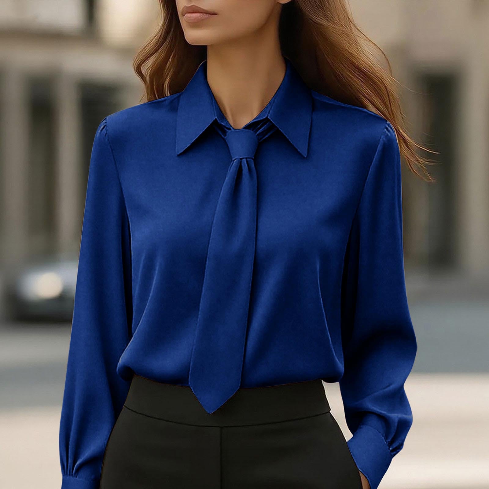 Womens Solid-Color Casual Tie Long-Sleeve French-Collar Shirt