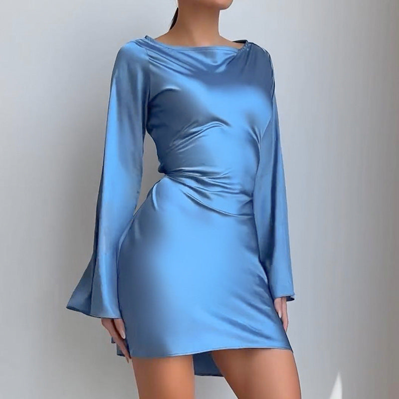 Waist Trimming Lace Up Satin Dress Women's Bag Hip Skirt