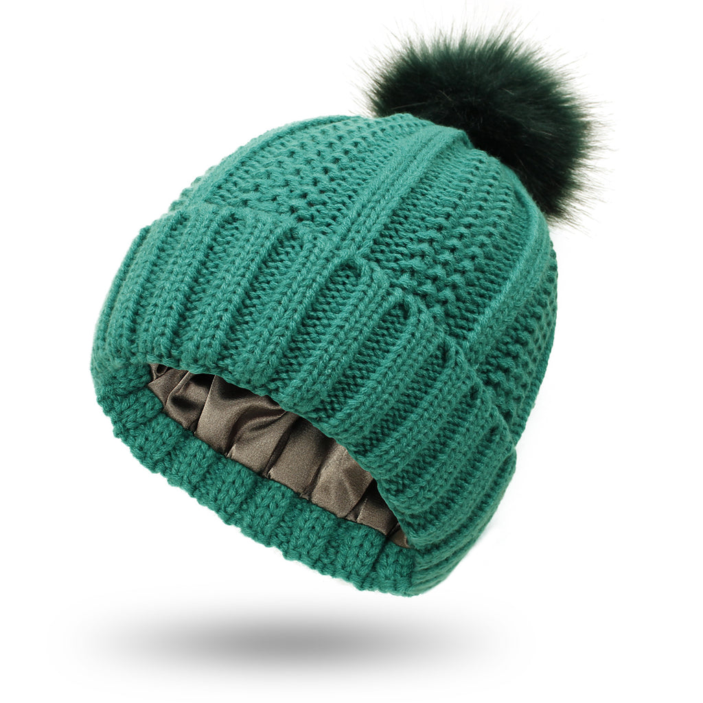 Satin-Lined Pom-Pom Beanie