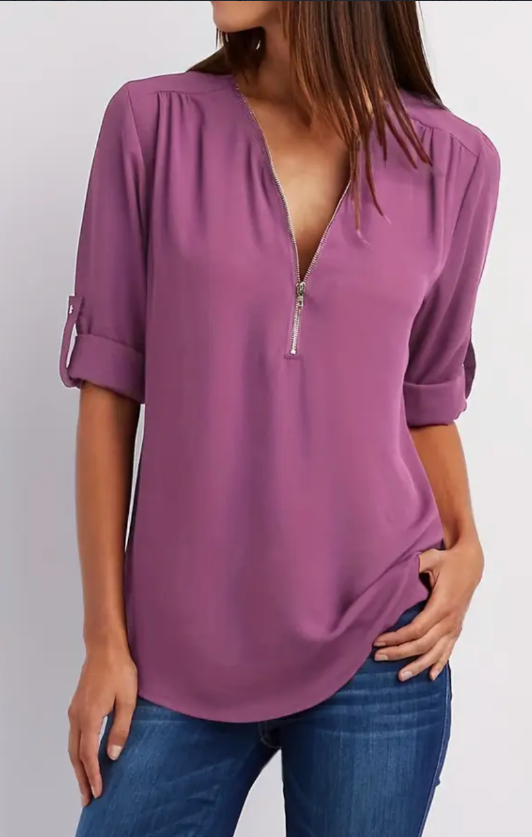 Ruched Half-Zip Casual Blouse