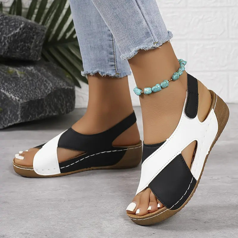 Colorblock-crossed Wedges Sandals Summer Fashion Fish Mouth Platform Roman Shoes For Women