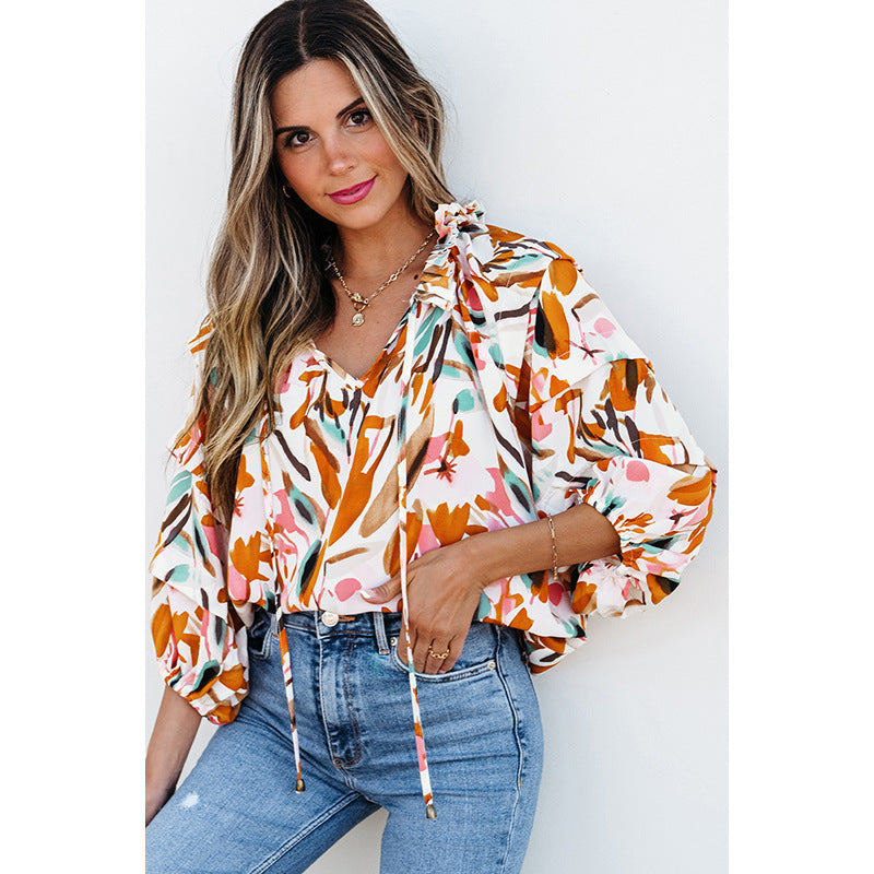 Colorblock V-Neck Chiffon Blouse
