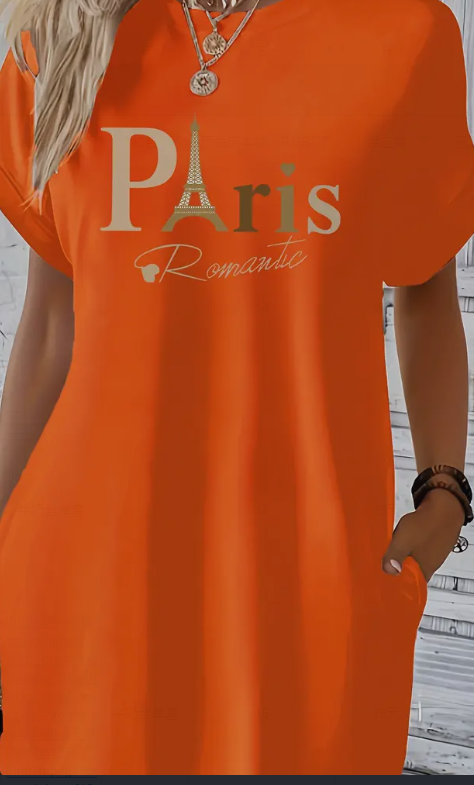 Midi Paris Print Crew Neck Tunic Dress - Geometric Pattern, Mid Elasticity, Semi-Sheer, Dual Pockets, Loose Fit, Machine Washable, Perfect For Spring,